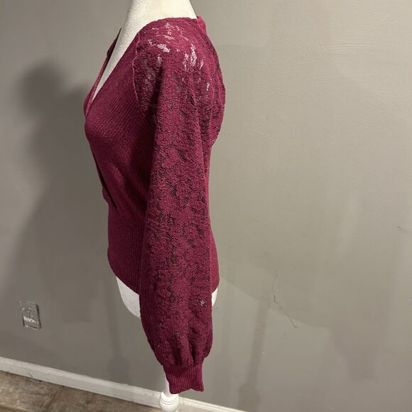 Anthropologie Surplice Ribbed Sweater Lace Sleeve Shirt Plum Pullover Size Small - Picture 4 of 9